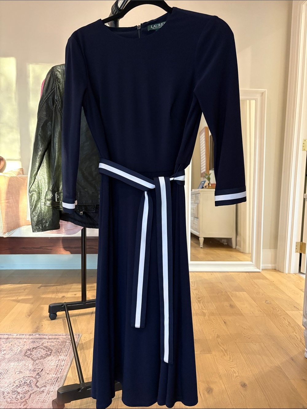 Lauren Ralph Lauren Navy Long-Sleeve Belted Midi Dress with White Trim